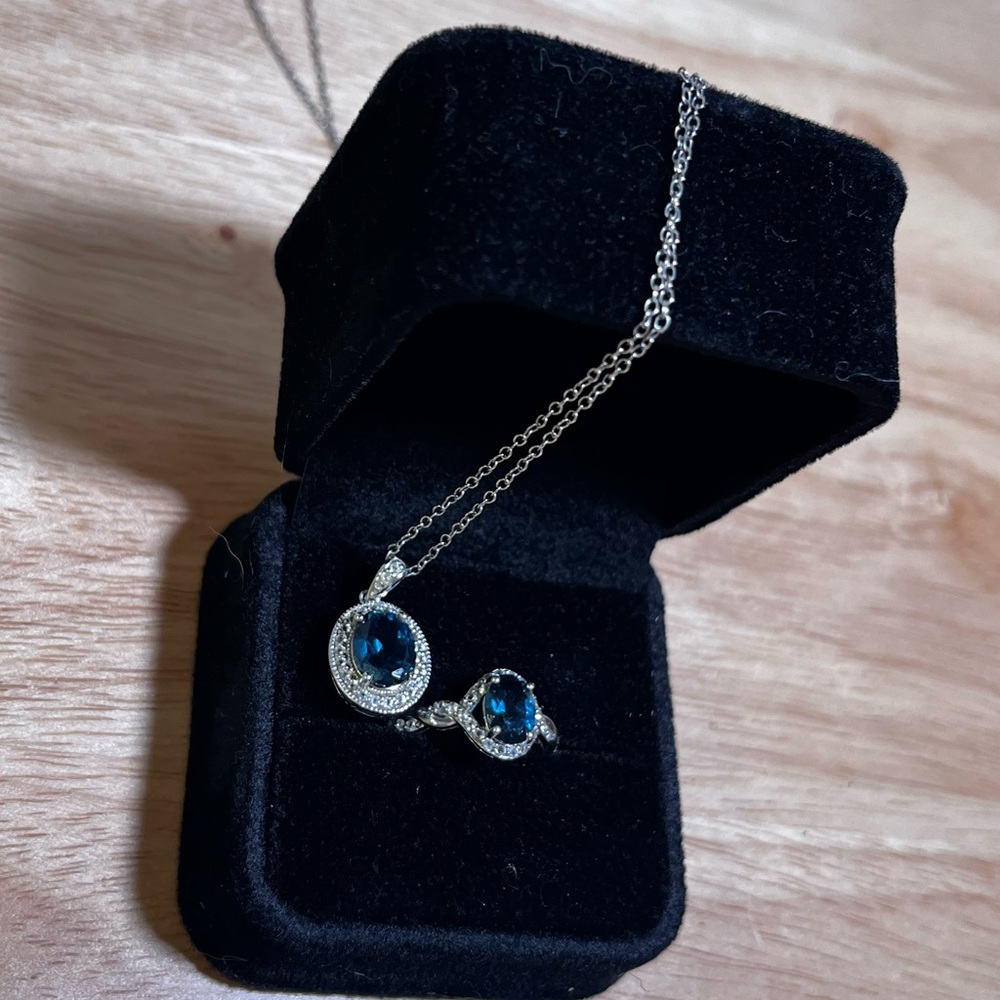 Elegant Blue London Topaz and Silver Necklace/Ring set